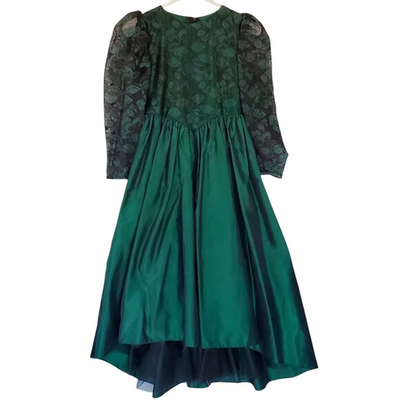 Vintage Formal Party Dress Girl's 12 Green Taffeta Tulle Hi Lo Zipper Tie Back - Picture 5 of 12